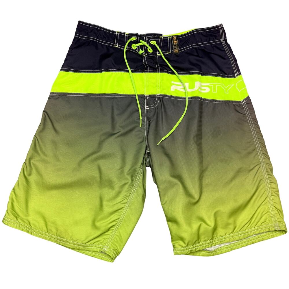 Vintage Y2K Rusty Board Shorts Men's 32 Green Panel Gradient Surf Beach Skater